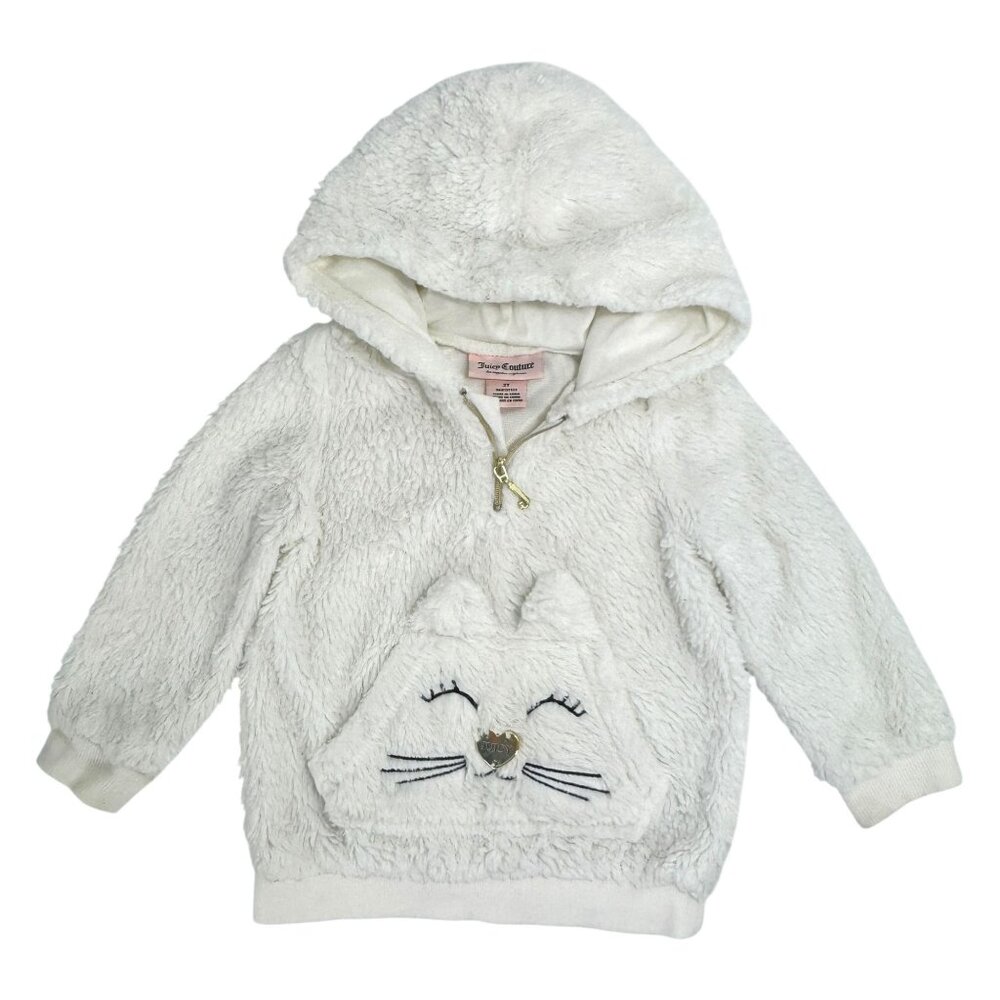 Juicy Couture White Faux Fur Hoodie Toddler Girl 2T Cat Face Kangaroo Pocket